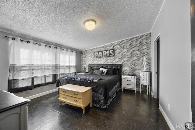 29 Pine Ln, Cedar Hill, MO 63016 - bedroom with wallpapered walls, a textured ceiling, baseboards, crown molding, and an accent wall