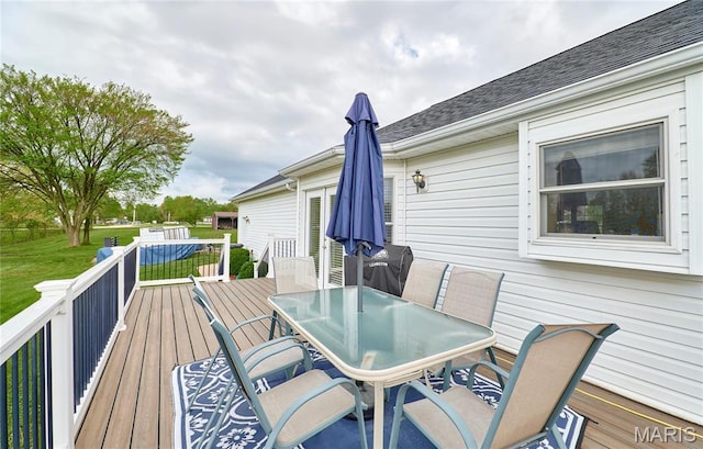1866 Big Oak Dr, Troy, MO 63379 - wooden terrace with outdoor dining space, a lawn, and grilling area