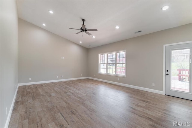 2940 Karmen Ln, Poplar Bluff, MO 63901 - unfurnished room featuring ceiling fan, light wood-type flooring, recessed lighting, baseboards, and lofted ceiling