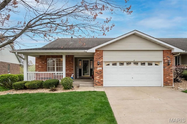single story home with brick siding, an attached garage, a porch, and concrete driveway