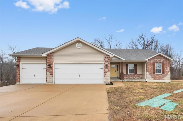 209 Hartland Ct, Hillsboro, MO 63050 - ranch-style house with a garage, driveway, brick siding, and roof with shingles