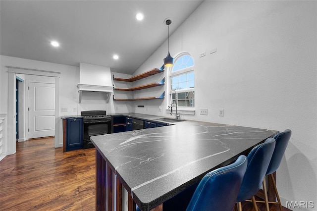 209 Hartland Ct, Hillsboro, MO 63050 - kitchen featuring a sink, black range with electric stovetop, blue cabinetry, a peninsula, and open shelves