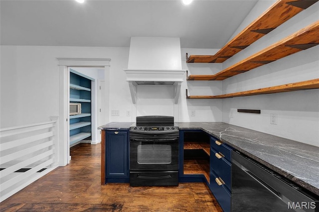 209 Hartland Ct, Hillsboro, MO 63050 - kitchen with black appliances, blue cabinets, open shelves, custom exhaust hood, and dark wood-type flooring