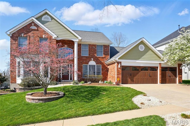 13456 Sunset Meadows Ln, Saint Louis, MO 63128 - view of front of property with brick siding, an attached garage, a front yard, and driveway