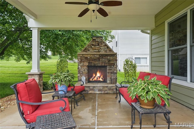 13456 Sunset Meadows Ln, Saint Louis, MO 63128 - view of patio with an outdoor stone fireplace and ceiling fan