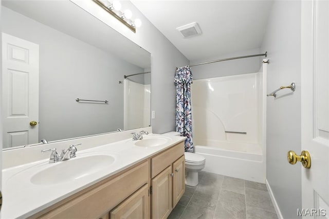 13456 Sunset Meadows Ln, Saint Louis, MO 63128 - full bathroom with toilet, double vanity, and shower / bath combo with shower curtain