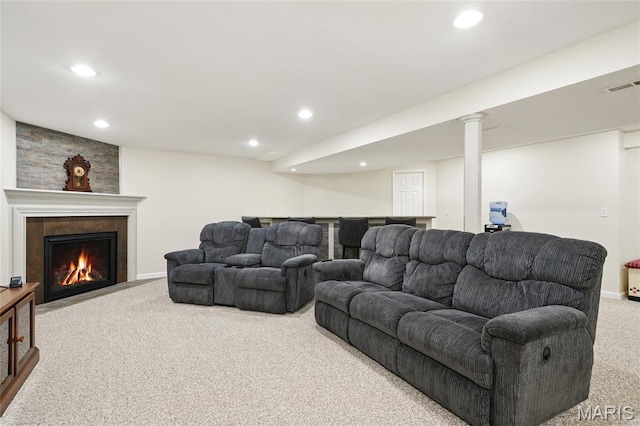 13456 Sunset Meadows Ln, Saint Louis, MO 63128 - carpeted living room with recessed lighting, a fireplace, and baseboards