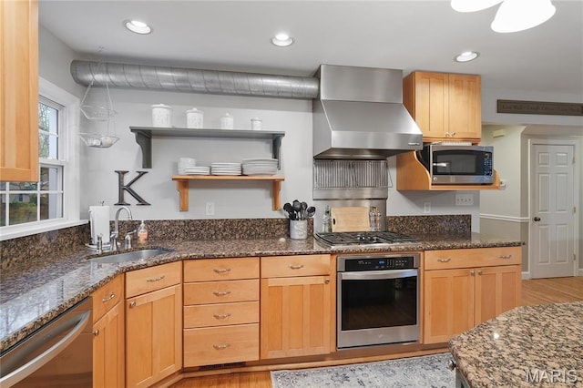 827 Yosemite Dr, Saint Louis, MO 63122 - kitchen with appliances with stainless steel finishes, a sink, wall chimney range hood, light wood-style floors, and open shelves