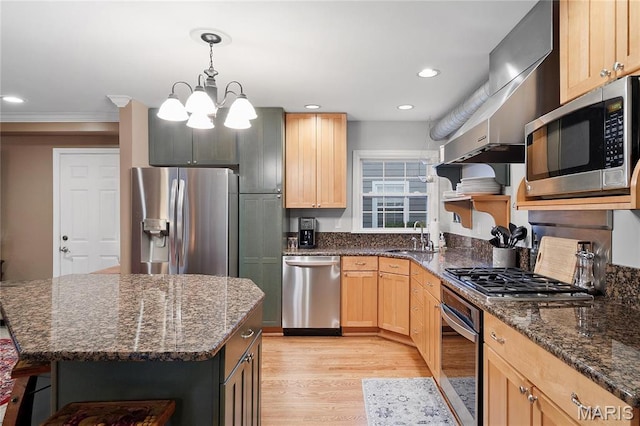 827 Yosemite Dr, Saint Louis, MO 63122 - kitchen with appliances with stainless steel finishes, open shelves, a sink, light wood-style floors, and dark stone countertops