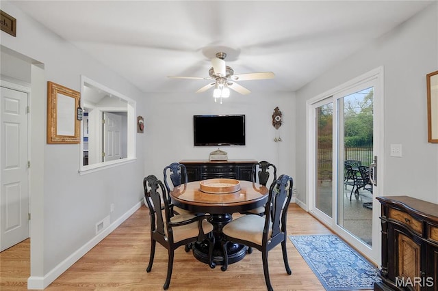 827 Yosemite Dr, Saint Louis, MO 63122 - dining room featuring light wood-type flooring, ceiling fan, and baseboards