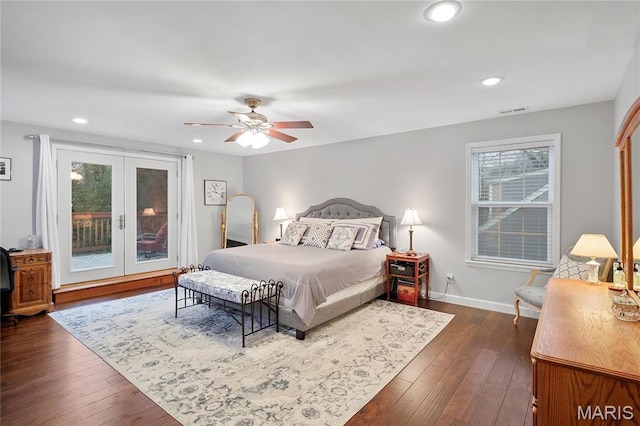 827 Yosemite Dr, Saint Louis, MO 63122 - bedroom with french doors, access to outside, dark wood-style flooring, recessed lighting, and baseboards