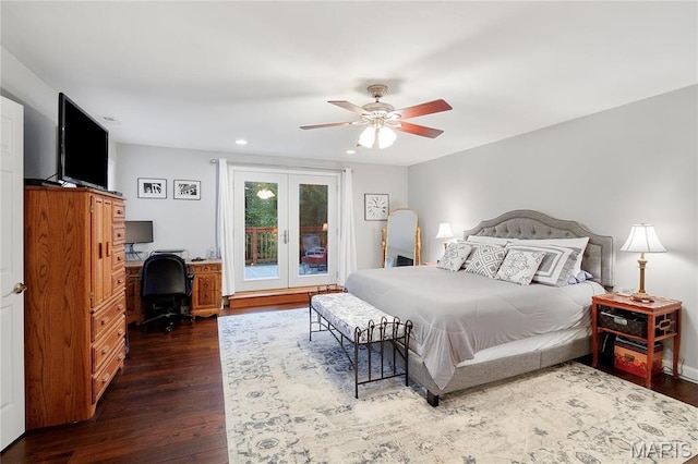 827 Yosemite Dr, Saint Louis, MO 63122 - bedroom with french doors, dark wood-type flooring, access to exterior, an office area, and recessed lighting