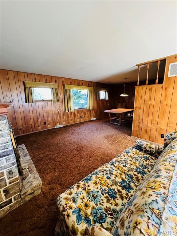 604 Salling St, Perry, MO 63462 - carpeted bedroom with wooden walls and a fireplace
