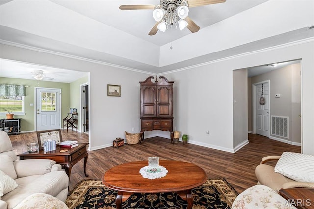1654 Napoleon Dr, Bonne Terre, MO 63628 - living room with a ceiling fan, wood finished floors, and baseboards