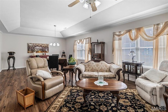 1654 Napoleon Dr, Bonne Terre, MO 63628 - living room featuring a tray ceiling, healthy amount of natural light, dark wood-type flooring, and a ceiling fan