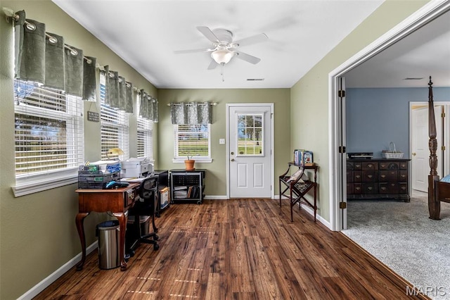 1654 Napoleon Dr, Bonne Terre, MO 63628 - home office featuring wood finished floors, a ceiling fan, and baseboards