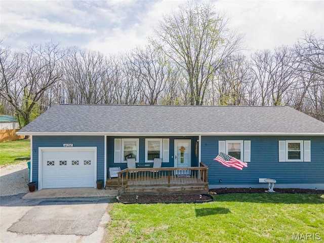 14056 State Route O, Rolla, MO 65401 - ranch-style home with covered porch, a garage, asphalt driveway, a front yard, and a shingled roof