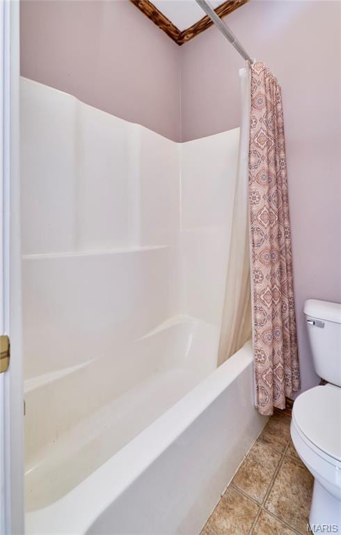 bathroom with toilet and shower / bathtub combination with curtain