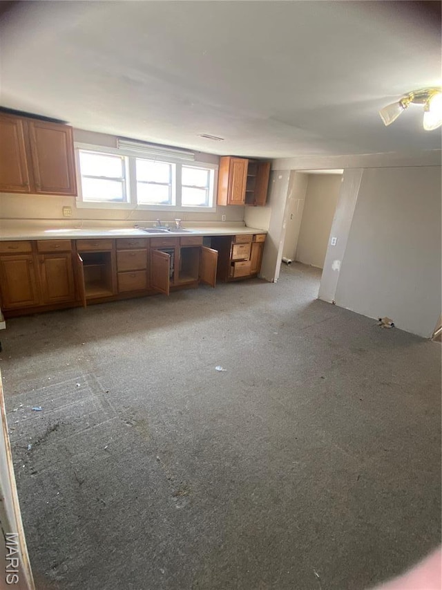519 Albert St, Fredericktown, MO 63645 - kitchen featuring brown cabinetry, a sink, and light colored carpet