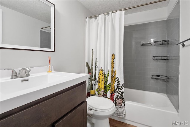 2014 Greenglen Dr Unit 101, Saint Louis, MO 63122 - bathroom featuring a textured ceiling, toilet, vanity, shower / bathtub combination with curtain, and wood finished floors