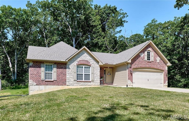 440 Winchester Way, Winfield, MO 63389 - ranch-style home with concrete driveway, a front yard, stone siding, and roof with shingles
