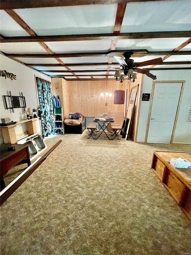 6405 Robin Ln, French Village, MO 63036 - living room featuring ceiling fan, carpet flooring, and beamed ceiling