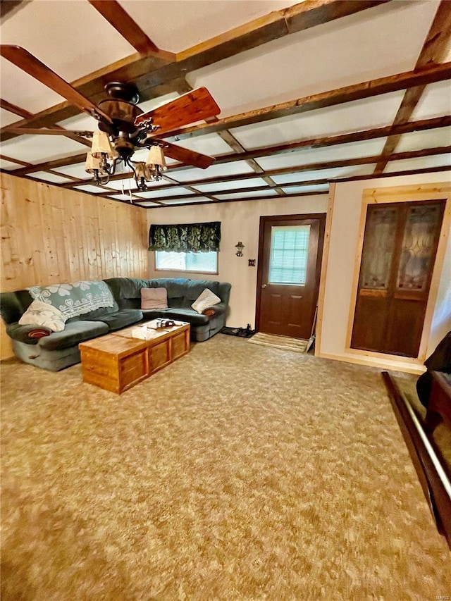 6405 Robin Ln, French Village, MO 63036 - carpeted living area with beam ceiling, a chandelier, and baseboards