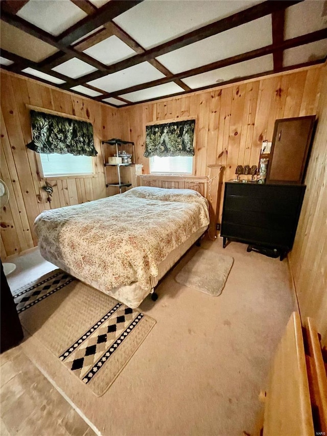 6405 Robin Ln, French Village, MO 63036 - carpeted bedroom featuring wood walls, beamed ceiling, and coffered ceiling