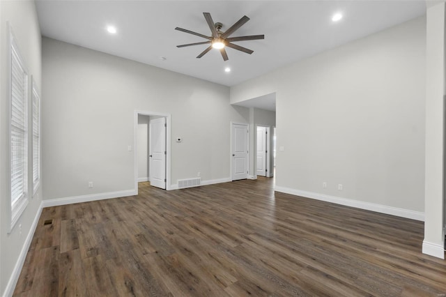 16 Creekside Way, Cape Girardeau, MO 63701 - unfurnished living room featuring ceiling fan, dark wood-type flooring, baseboards, and recessed lighting