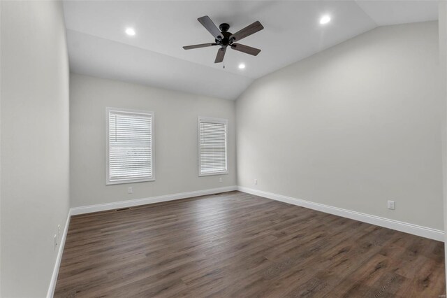16 Creekside Way, Cape Girardeau, MO 63701 - empty room with lofted ceiling, dark wood finished floors, a ceiling fan, recessed lighting, and baseboards