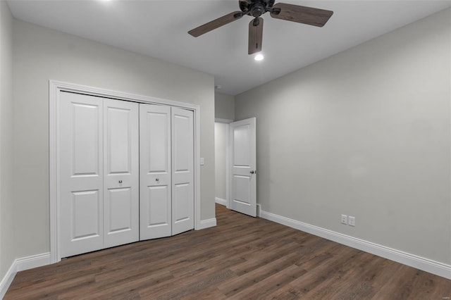 16 Creekside Way, Cape Girardeau, MO 63701 - unfurnished bedroom with baseboards, dark wood-style flooring, a closet, recessed lighting, and a ceiling fan