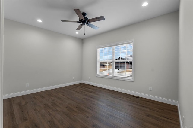 16 Creekside Way, Cape Girardeau, MO 63701 - unfurnished room with dark wood finished floors, baseboards, recessed lighting, and a ceiling fan