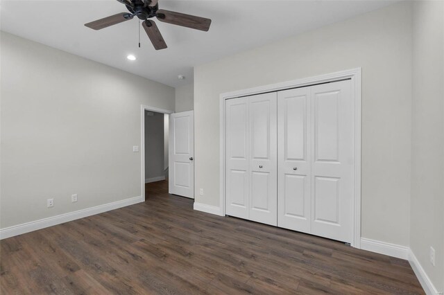 16 Creekside Way, Cape Girardeau, MO 63701 - unfurnished bedroom featuring dark wood finished floors, baseboards, recessed lighting, a closet, and ceiling fan
