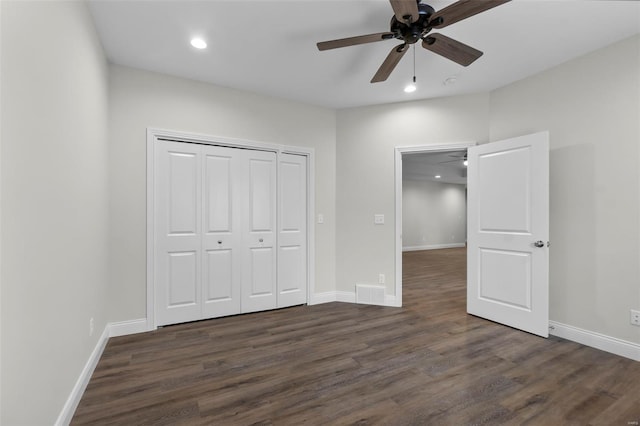 16 Creekside Way, Cape Girardeau, MO 63701 - unfurnished bedroom featuring dark wood finished floors, recessed lighting, baseboards, a closet, and ceiling fan