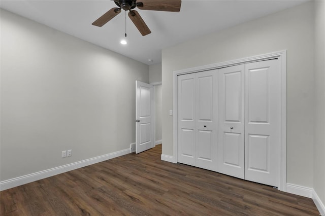 16 Creekside Way, Cape Girardeau, MO 63701 - unfurnished bedroom featuring dark wood finished floors, baseboards, a closet, recessed lighting, and ceiling fan