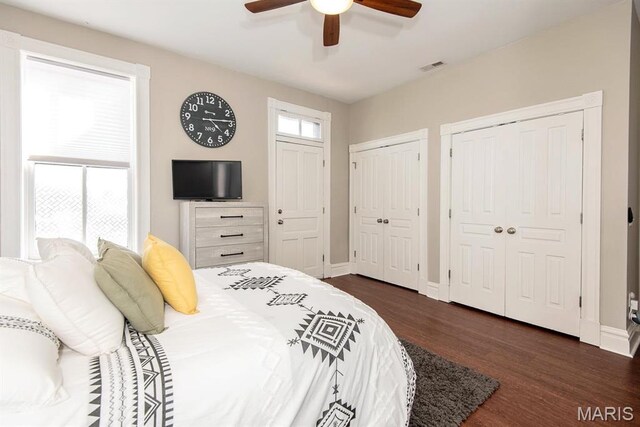2712 Potomac St, Saint Louis, MO 63118 - bedroom with dark wood finished floors, multiple closets, baseboards, and a ceiling fan