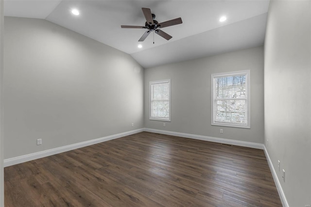 12 Creekside Way, Cape Girardeau, MO 63701 - spare room featuring lofted ceiling, ceiling fan, recessed lighting, dark wood-style floors, and baseboards