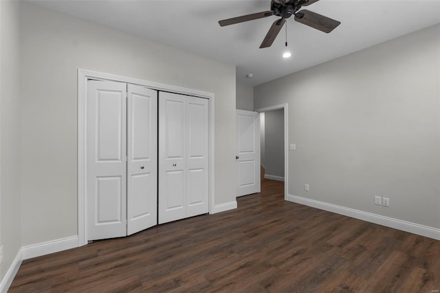 12 Creekside Way, Cape Girardeau, MO 63701 - unfurnished bedroom featuring dark wood-style floors, baseboards, a closet, recessed lighting, and ceiling fan