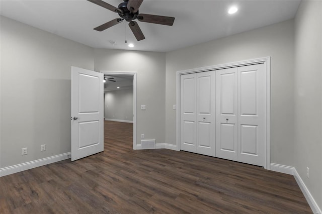 12 Creekside Way, Cape Girardeau, MO 63701 - unfurnished bedroom with dark wood-style floors, baseboards, recessed lighting, ceiling fan, and a closet