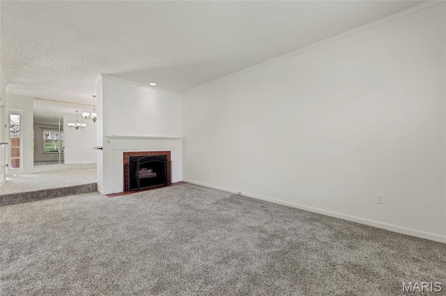 13355 Land O Woods Dr, Saint Louis, MO 63141 - unfurnished living room featuring carpet floors, a chandelier, a brick fireplace, ornamental molding, and baseboards
