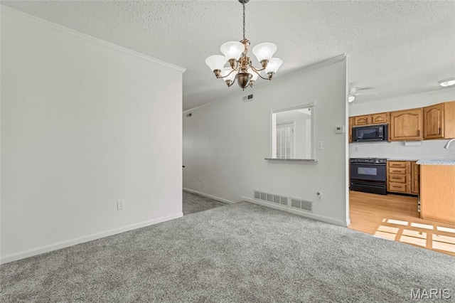 13355 Land O Woods Dr, Saint Louis, MO 63141 - unfurnished dining area featuring a chandelier, ornamental molding, light carpet, a textured ceiling, and ceiling fan