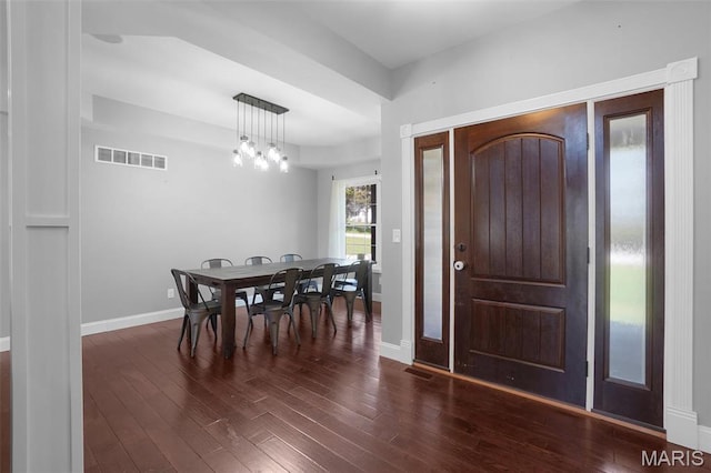 9336 Excelsior Rd, Gerald, MO 63037 - entryway featuring dark wood-style flooring, baseboards, and a chandelier