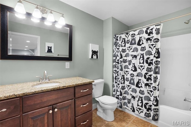 9336 Excelsior Rd, Gerald, MO 63037 - bathroom with toilet, vanity, tile patterned flooring, and shower / tub combo with curtain
