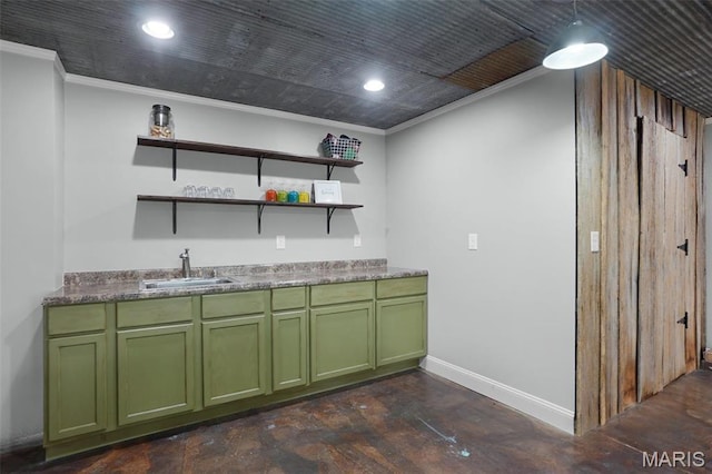 9336 Excelsior Rd, Gerald, MO 63037 - indoor wet bar featuring crown molding, recessed lighting, and baseboards