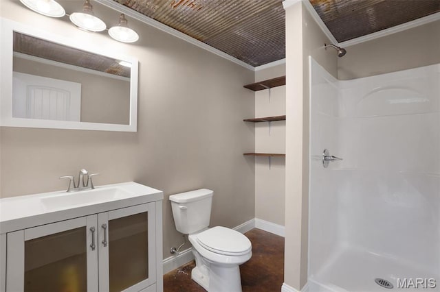 9336 Excelsior Rd, Gerald, MO 63037 - bathroom featuring toilet, crown molding, a shower, baseboards, and vanity