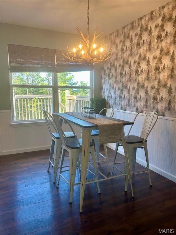 dining room with wallpapered walls, a chandelier, wainscoting, and wood-type flooring