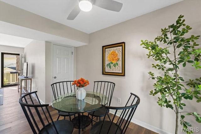 1551 Swallow Dr, Saint Louis, MO 63144 - dining space with dark wood-style floors, baseboards, and ceiling fan