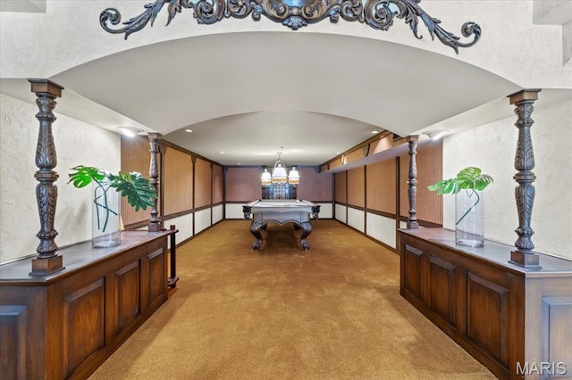 13596 Kings Glen Dr, Saint Louis, MO 63131 - playroom featuring light carpet, arched walkways, a textured wall, and billiards table