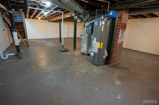 2917 Grand Ave, Granite City, IL 62040 - unfinished basement featuring water heater, heating unit, and concrete block wall