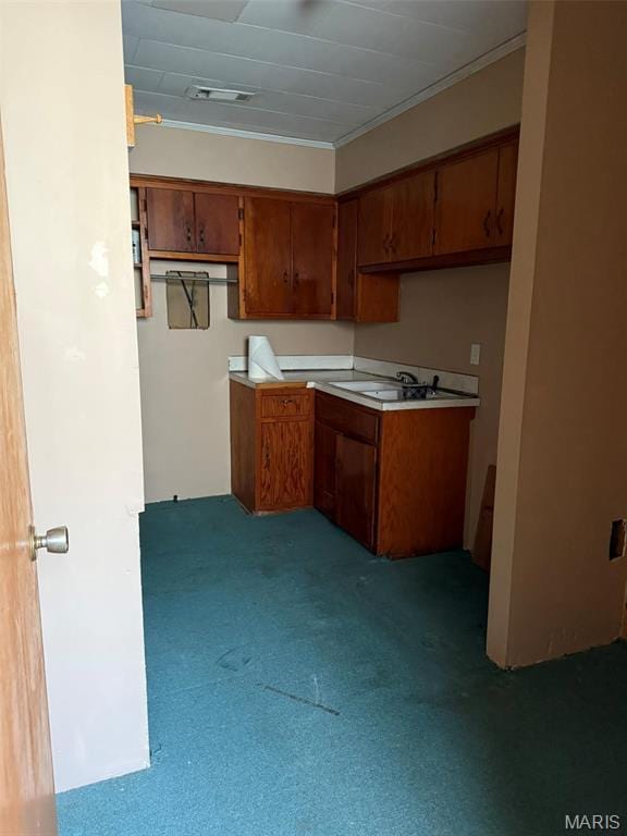 303 N Main St, Campbell, MO 63933 - kitchen with brown cabinets, carpet floors, a sink, light countertops, and crown molding